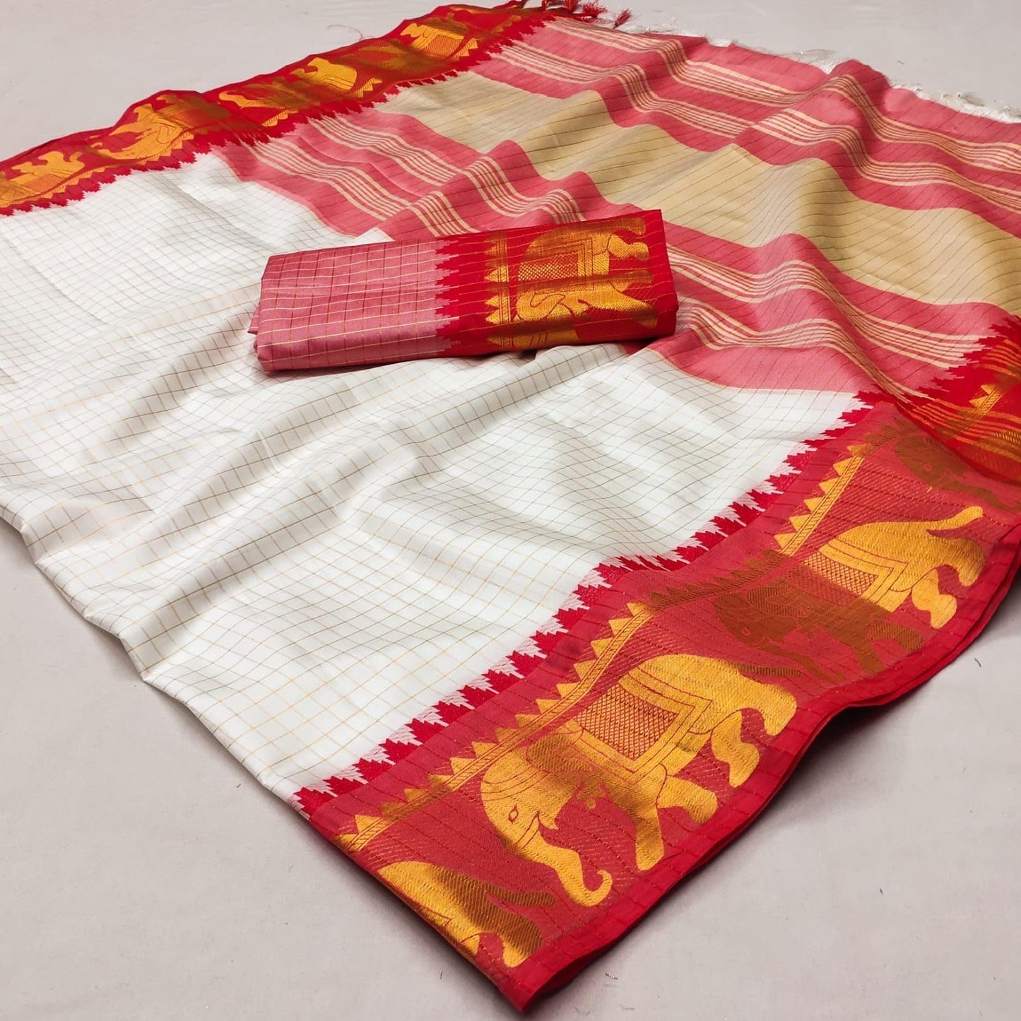 SGF11 Women's Kanjivaram Soft Cotton Silk Saree With Blouse Piece (White Red)