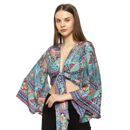 KE Kanha exportsWomen’s and Girls/Ladies Wrap Around Tops Beach wear Tunic Top V Neck Silk Casual Sleeve Printed Top Relaxed Fit Free Size