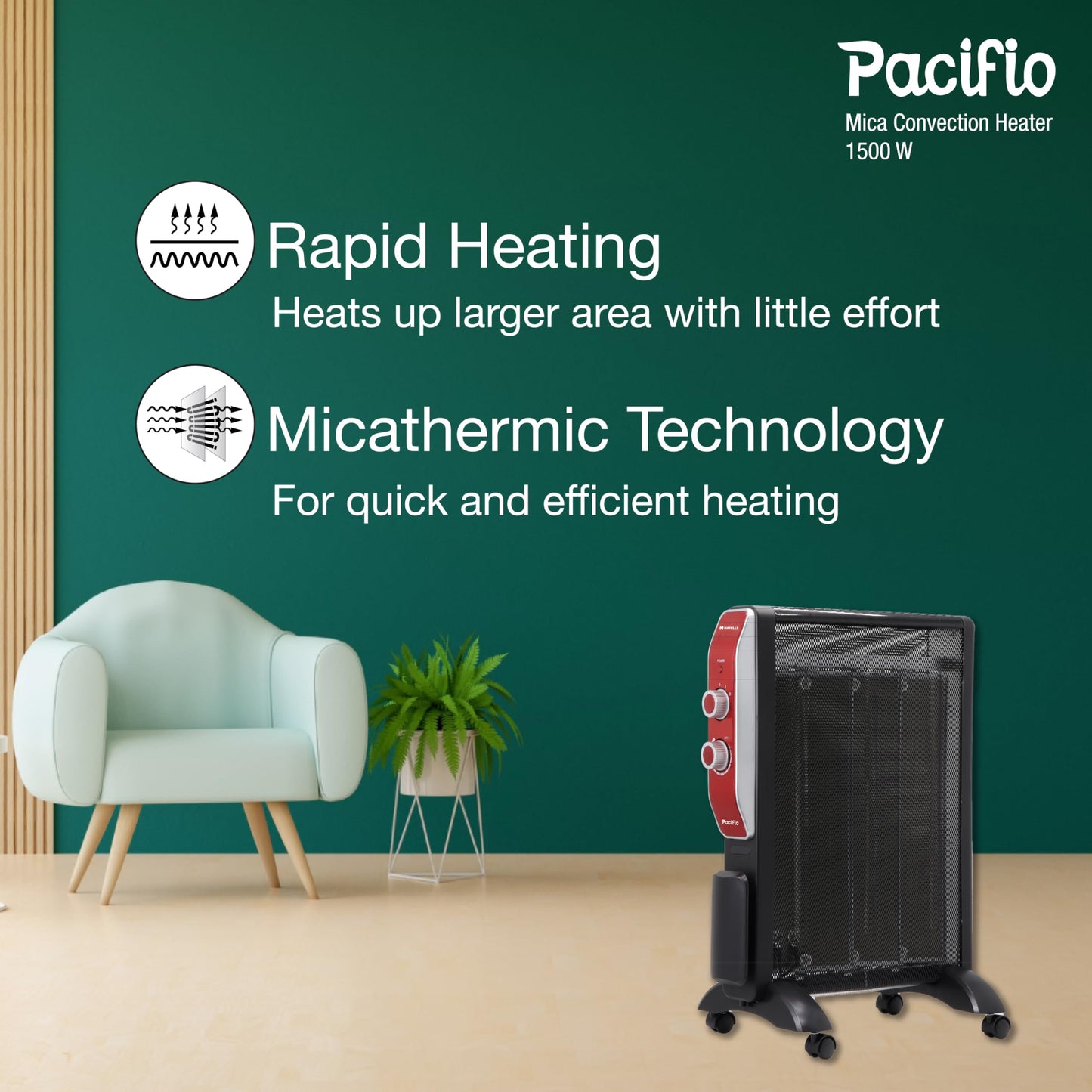 Havells Room Heater 2000Watt Pacifio Mica|Micathermic Technology for Rapid&Instant Heating|Silent Operation,Comfortable Breathing&Anti Dryness|2 Heat Setting|2 Year Warranty|Black&Rose Gold