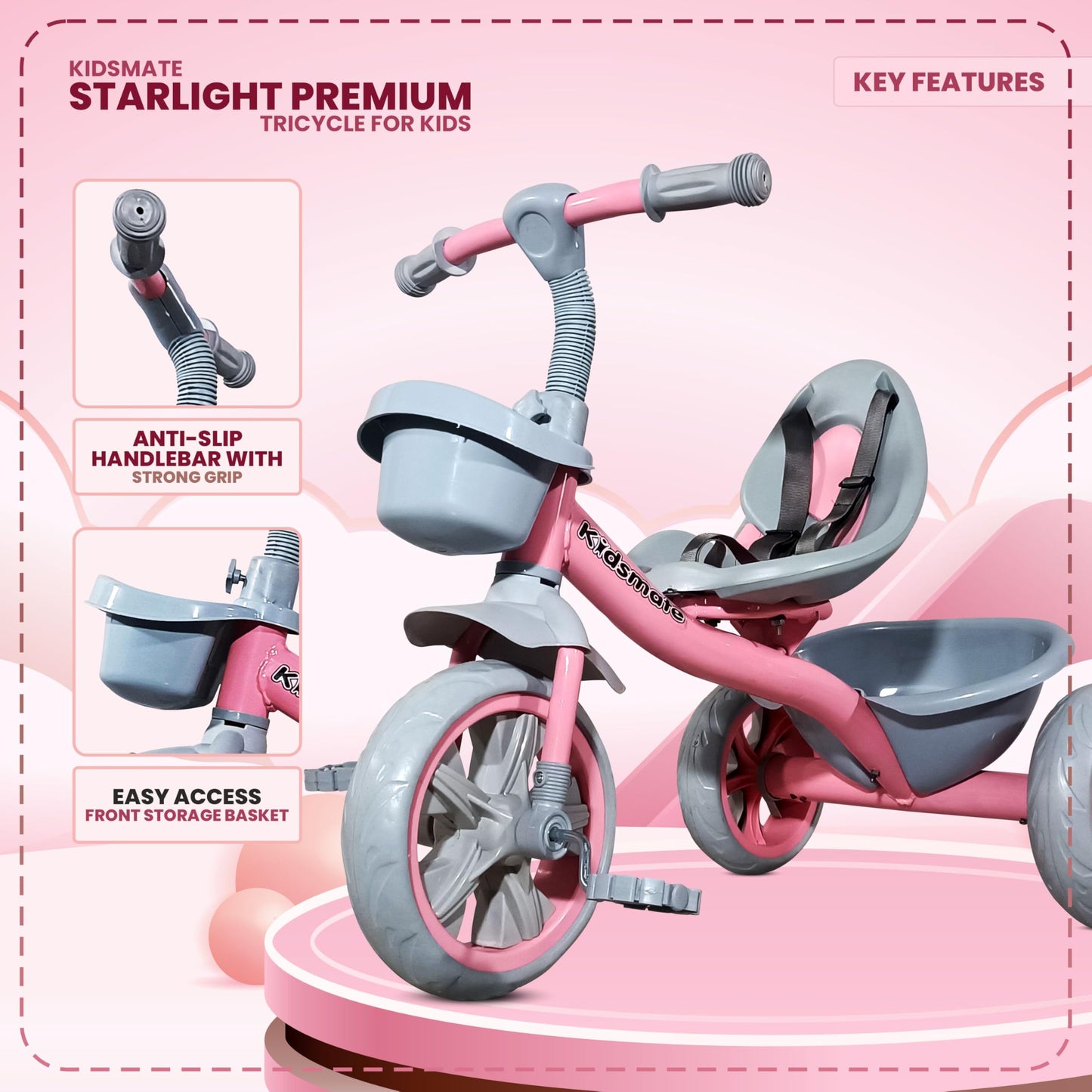 Kidsmate Junior Tricycle for Kids with Parental Control | Cycle for Kids 1-4 Years | Baby Cycle | Bicycle for Kids with Storage Basket, Cushion Seat and Seat Belt Carrying Capacity 30 Kgs (Pink)