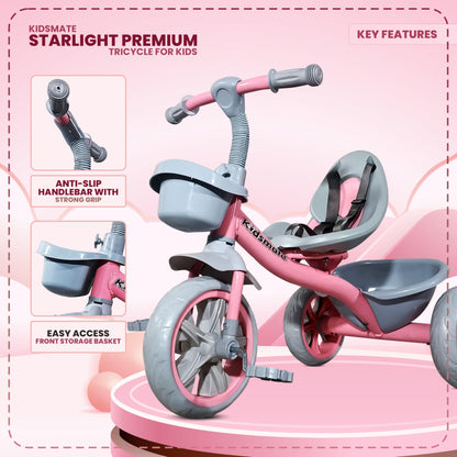 Kidsmate Junior Tricycle for Kids with Parental Control | Cycle for Kids 1-4 Years | Baby Cycle | Bicycle for Kids with Storage Basket, Cushion Seat and Seat Belt Carrying Capacity 30 Kgs (Pink)