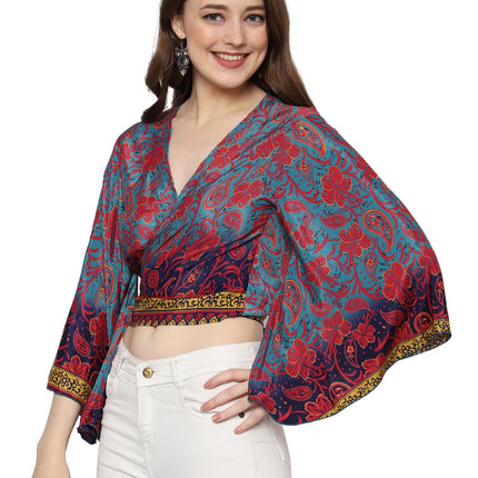 KE Kanha exportsWomen’s and Girls/Ladies Wrap Around Tops Beach wear Tunic Top V Neck Silk Casual Sleeve Printed Top Relaxed Fit Free Size