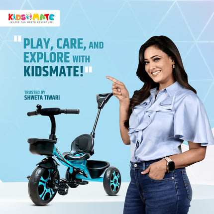 Kidsmate Junior Tricycle for Kids with Parental Control | Cycle for Kids 1-4 Years | Baby Cycle | Bicycle for Kids with Storage Basket, Cushion Seat and Seat Belt Carrying Capacity 30 Kgs (Blue) 