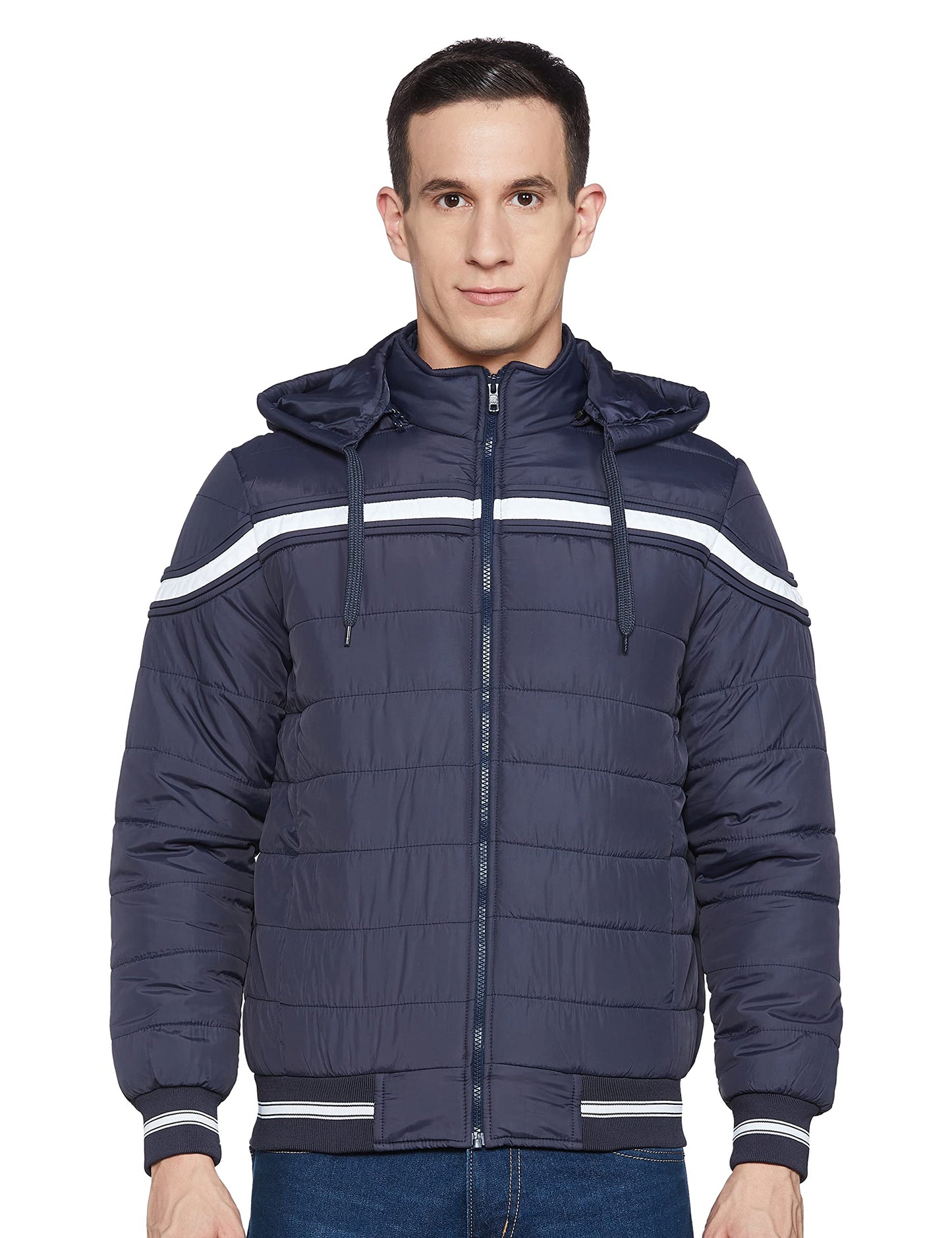 Men's Regular Fit Quilted Bomber Jacket with Detachable Hood - Winter Warm, Insulated Lining, Ribbed Cuffs, and Stylish Design