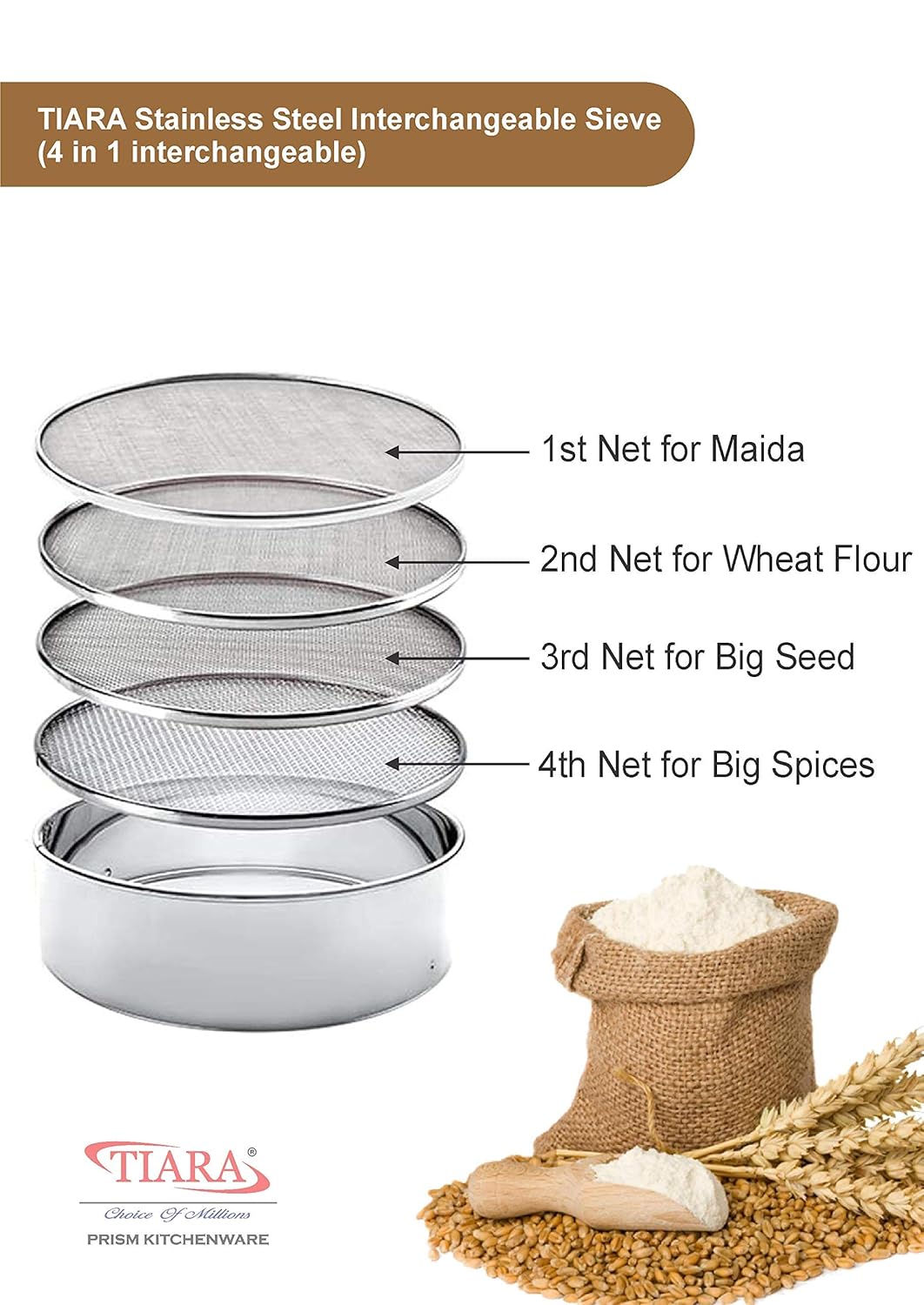 4 in 1 Stainless Steel Interchangeable Sieve Set of 5 Flour Chalni Spices Food Strainers Atta Chalni Jaali Channi Atta Maida Strainer Silver