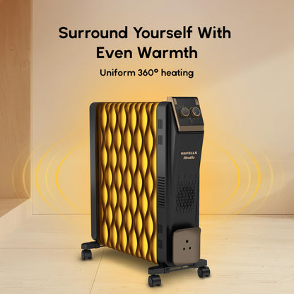 Havells 13 Fin Hestio Wave Fin OFR (Oil Filled Radiator)|Room Heater|2900 W|3 Heat Settings & PTC Fan Heater|Inclined Control Panel|Retractable Wheels| Comfortable Breathing|360° Heating (Black)