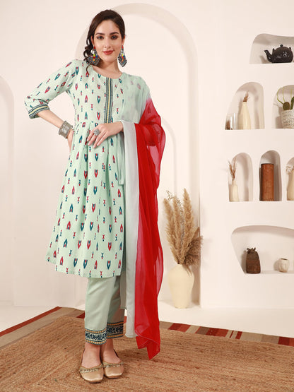 EthnicJunction Women's Geometric Print Cotton Blend A-Line Kurta Pant with Dupatta Set