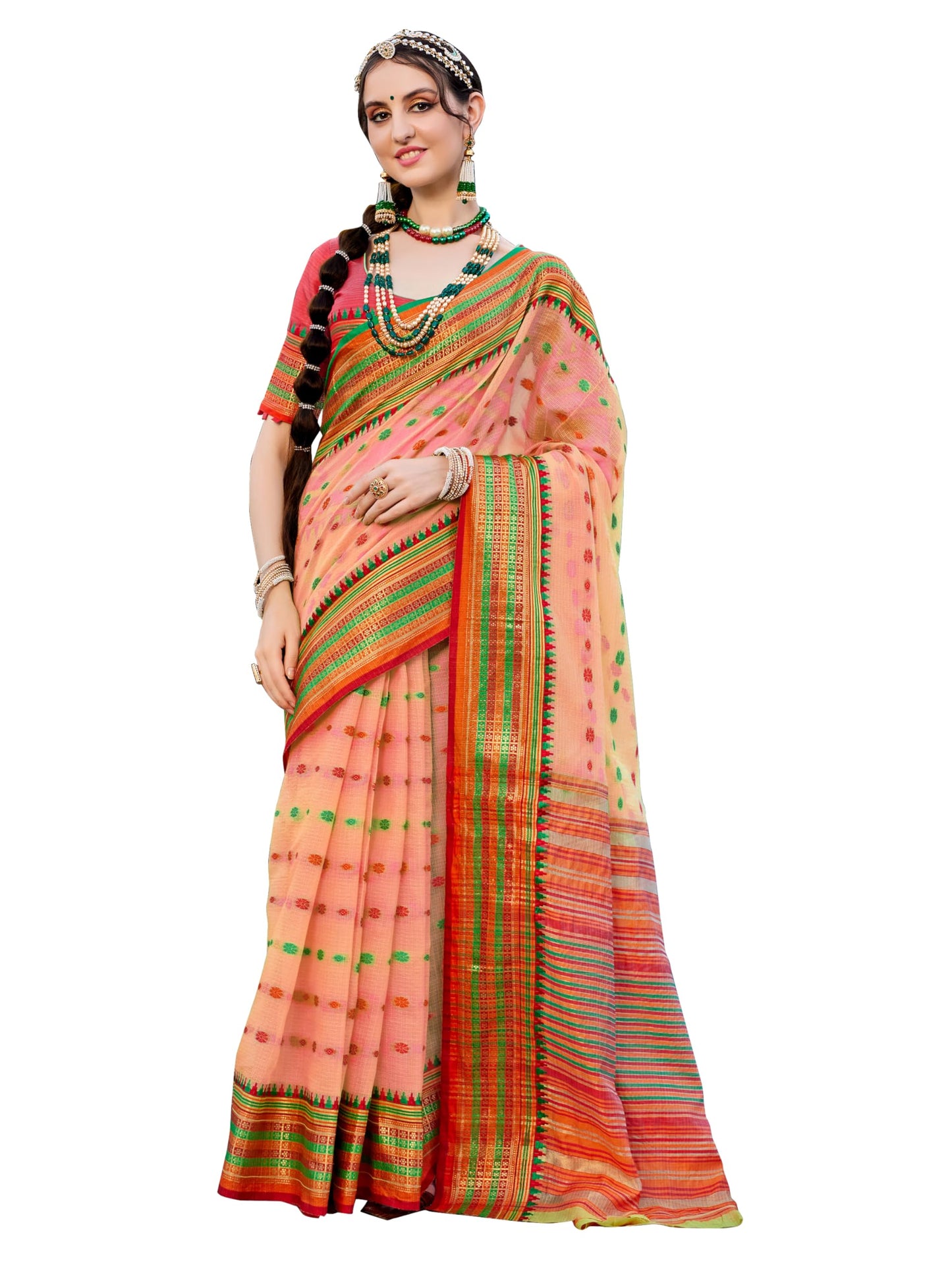 EthnicJunction Women's Kanchipuram Silk Half and Half Woven Saree With Blouse Piece