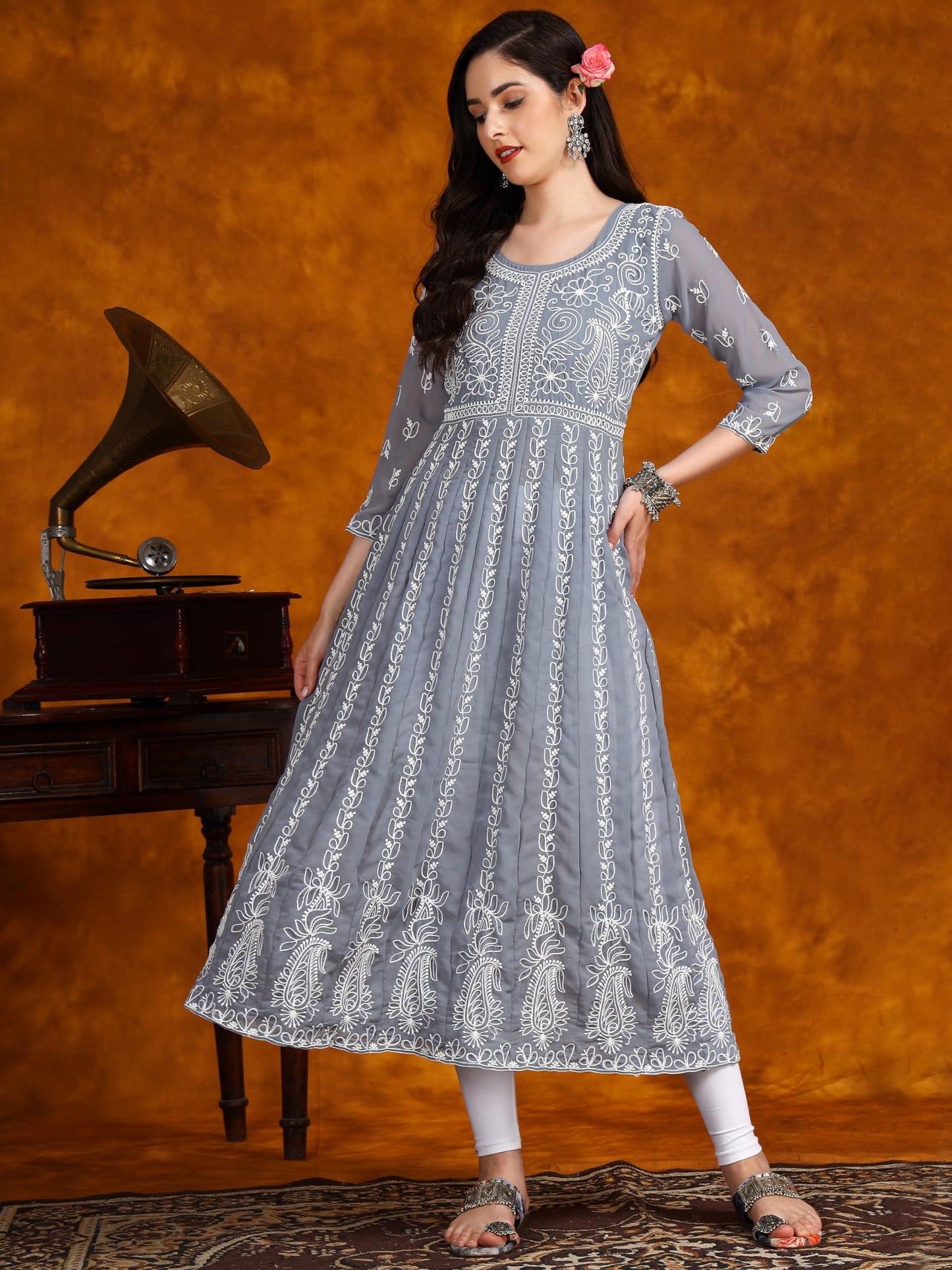 EthnicJunction Women's Lucknowi Chikankari Embroidered Thread Work Georgette Anarkali Kurta