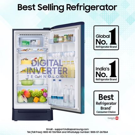 Samsung 189 L, 5 Star, Digital Inverter, Direct-Cool Single Door Refrigerator (RR21D2H259U/HL, Paradise Bloom Blue, Base Stand Drawer) 