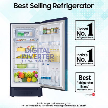 Samsung 183 L, 5 Star, Digital Inverter, Direct-Cool Single Door Refrigerator (RR20D2825HV/NL, Himalaya Poppy Blue, Base Stand Drawer, 2024 Model)