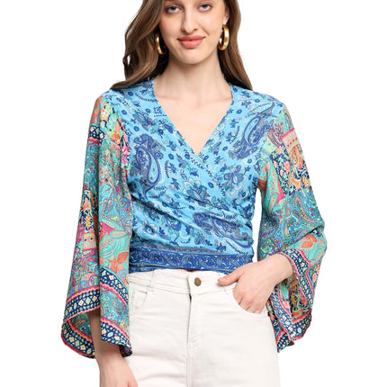 KE Kanha exportsWomen’s and Girls/Ladies Wrap Around Tops Beach wear Tunic Top V Neck Silk Casual Sleeve Printed Top Relaxed Fit Free Size