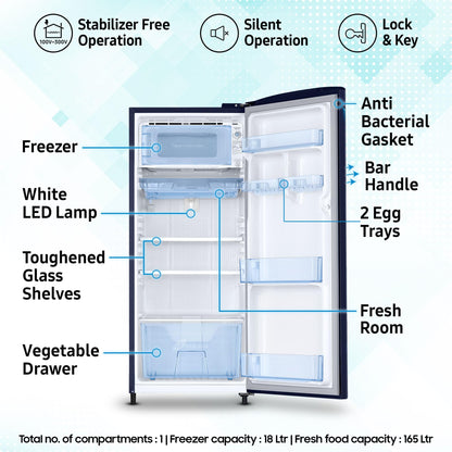 Samsung 183 L, 5 Star, Digital Inverter, Direct-Cool Single Door Refrigerator (RR20D2825HV/NL, Himalaya Poppy Blue, Base Stand Drawer, 2024 Model)