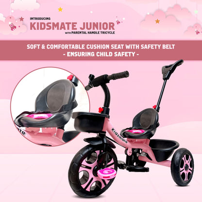 Kidsmate Junior Tricycle for Kids with Parental Control | Cycle for Kids 1-4 Years | Baby Cycle | Bicycle for Kids with Storage Basket, Cushion Seat and Seat Belt Carrying Capacity 30 Kgs (Pink)