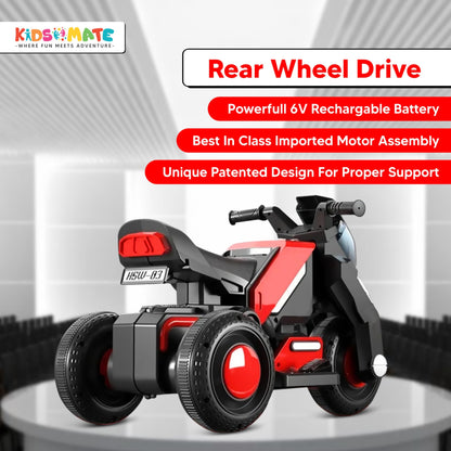 Kidsmate Hyrider 6V Electric Kids Bike with Rechargeable 6.5 Ah Battery Inbuilt Imported Motor Drive | Music Player, Front LED Light & Foot Accelerator Pedal Bike for Ages 1-4 Years - Red