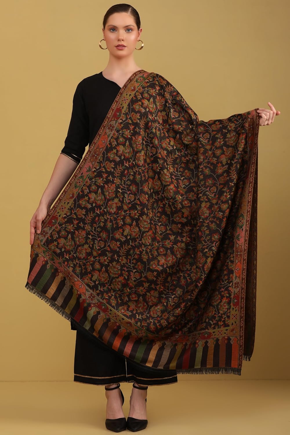 Pashtush Womens Faux Pashmina Shawl, Petiole Design, Black