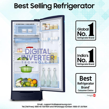 Samsung 183 L, 5 Star, Digital Inverter, Direct-Cool Single Door Refrigerator (RR20D2825HV/NL, Himalaya Poppy Blue, Base Stand Drawer, 2024 Model)