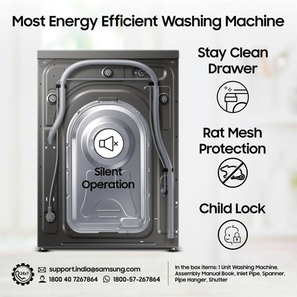 Samsung 7 kg, 5 Star, AI Control, Wi-Fi, Digital Inverter, Motor, Fully-Automatic Front Load Washing Machine (WW70T502NAN1TL, Hygiene Steam, Inox) 