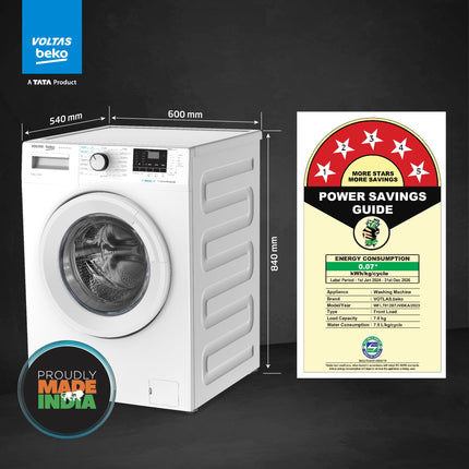 Voltas Beko, A Tata Product 7 Kg 5 Star Inverter, Quick 14-Min Wash Fully Automatic Front Load Washing Machine (2024 Model, WFL7012B7JVBKA/WXV, White, Inbuilt Heater/Hygiene Steam/Digital Display) 