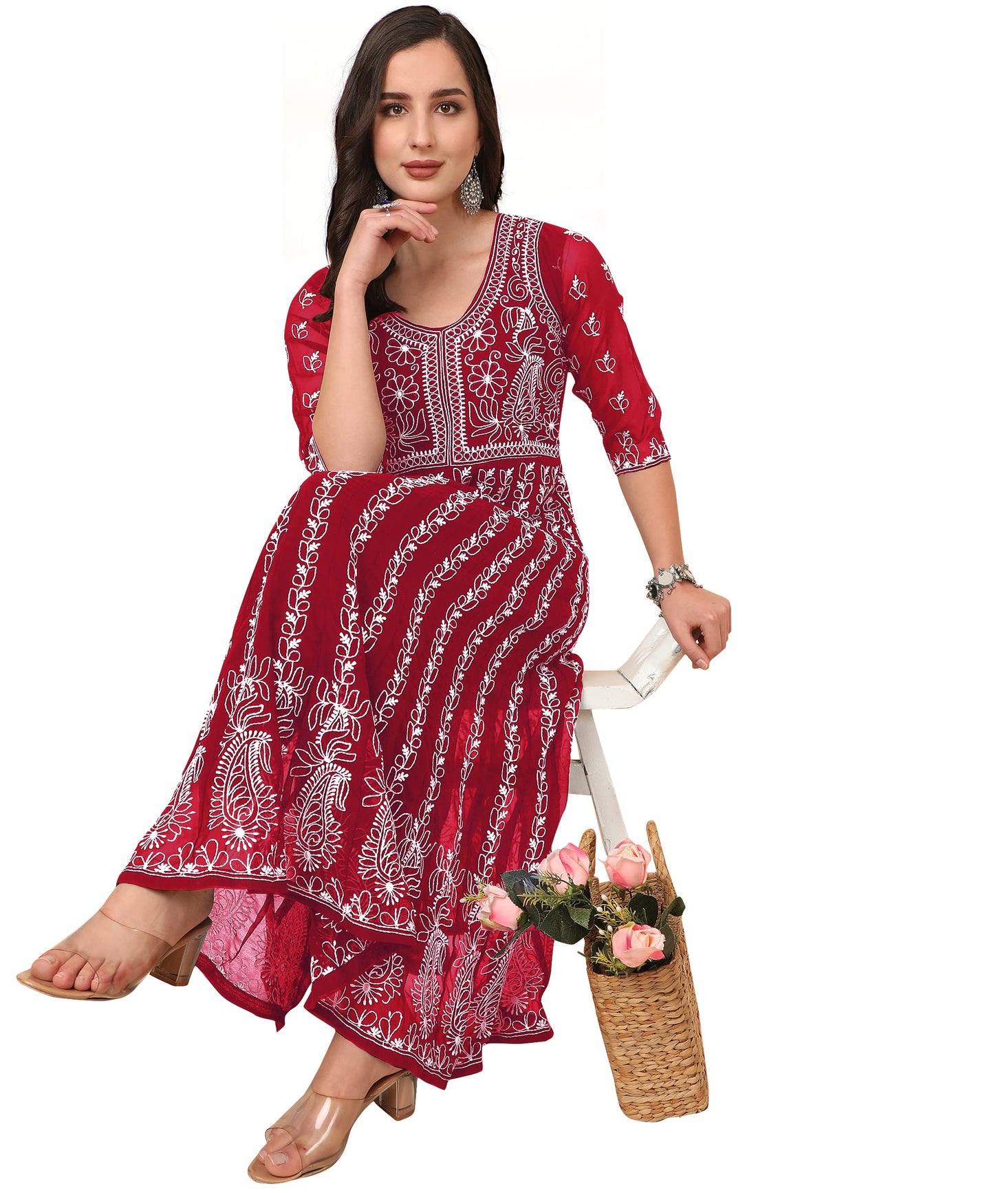 EthnicJunction Women's Lucknowi Chikankari Embroidered Thread Work Georgette Anarkali Kurta