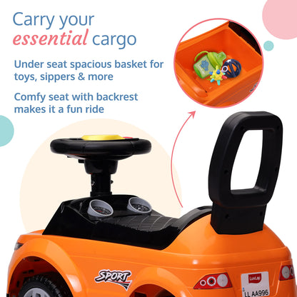 LuvLap Starlight Ride on & Car for Kids with Music & Horn Steering, Push Car for Baby with Backrest, Safety Guard, Under Seat Storage & Big Wheels, Ride on for Kids 1 to 3 Years Upto 25 Kgs (Orange)