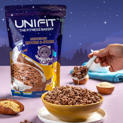 UNIFIT Multigrain Choco Bites Breakfast Cereals for Kids Rich in Protein Cereal Oats Instant & Crunchy Ready to Eat With Goodness of Wheat, Rice & Oats Grain -375g