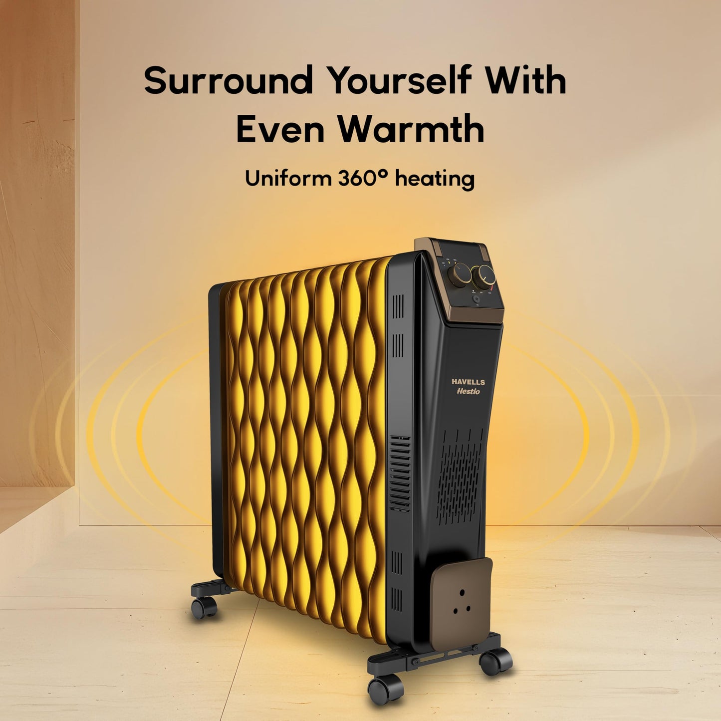 Havells Hestio 15 Straight Fin OFR (Oil Filled Radiator)|Room Heater|2900 W|3 Heat Settings & PTC Fan Heater|Inclined Control Panel|Retractable Wheels| Comfortable Breathing|360° Heating (Black)