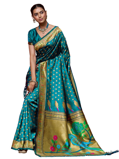 EthnicJunction Women's Silk Blend Woven Paithani saree With Blouse Piece