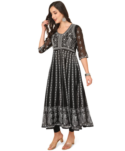 EthnicJunction Women's Lucknowi Chikankari Embroidered Thread Work Georgette Anarkali Kurta