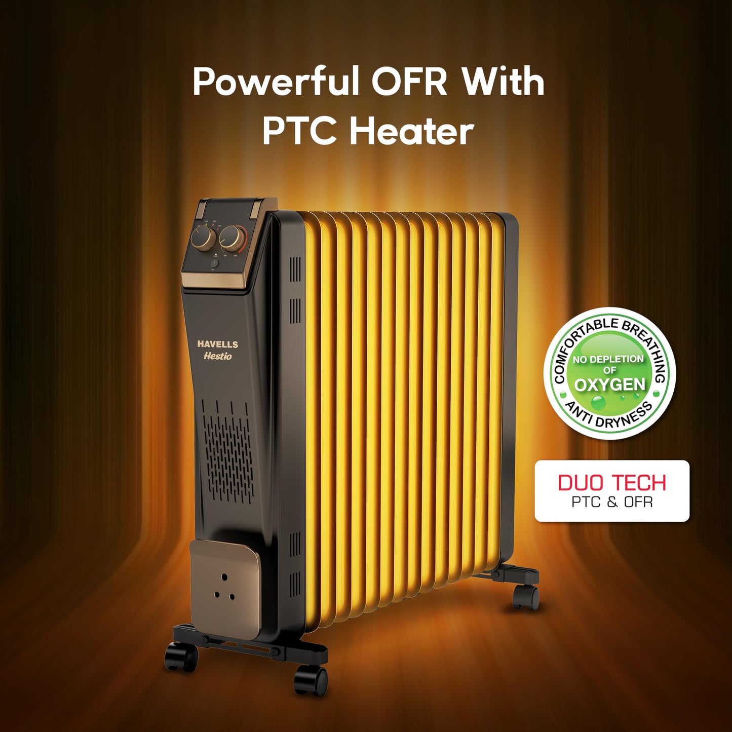 Havells Hestio 15 Straight Fin OFR (Oil Filled Radiator)|Room Heater|2900 W|3 Heat Settings & PTC Fan Heater|Inclined Control Panel|Retractable Wheels| Comfortable Breathing|360° Heating (Black)