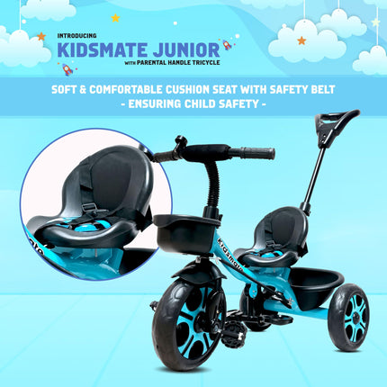 Kidsmate Junior Tricycle for Kids with Parental Control | Cycle for Kids 1-4 Years | Baby Cycle | Bicycle for Kids with Storage Basket, Cushion Seat and Seat Belt Carrying Capacity 30 Kgs (Blue) 