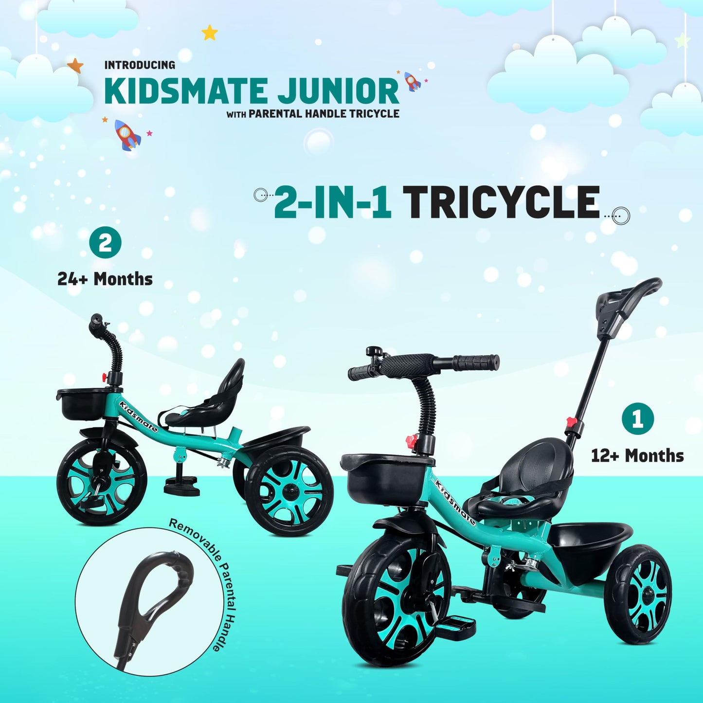 Kidsmate Junior Tricycle for Kids with Parental Control | Cycle for Kids 1-4 Years | Baby Cycle | Bicycle for Kids with Storage Basket, Cushion Seat and Seat Belt Carrying Capacity 30 Kgs (Pink)