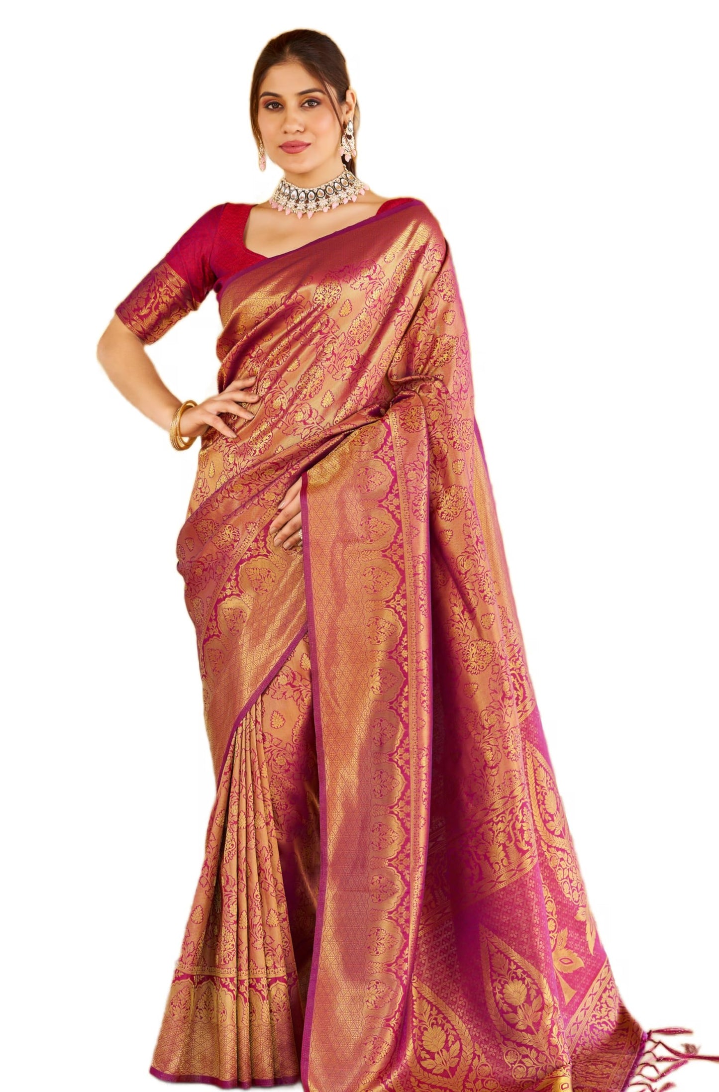 SWORNOF Womens Kanjivaram Silk Saree with Zari Woven Saree With Blouse Piece