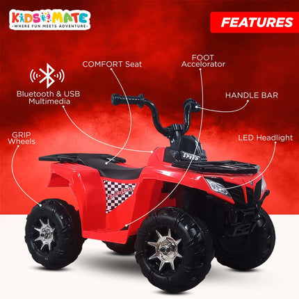 Kidsmate ATV Raider Electric Car for Kids | Battery Operated Cars for Kids with 6V Battery, LED Lights Bluetooth & USB Multimedia | Forward & Backward 4 Wheels Ride on Toy for Age 2-5 Yrs - Black/Red 