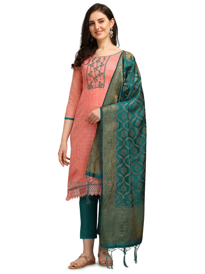 EthnicJunction Women's Chanderi Cotton Hand Embroidered Work Unstitched Salwar Suit Material With Banarasi Dupatta