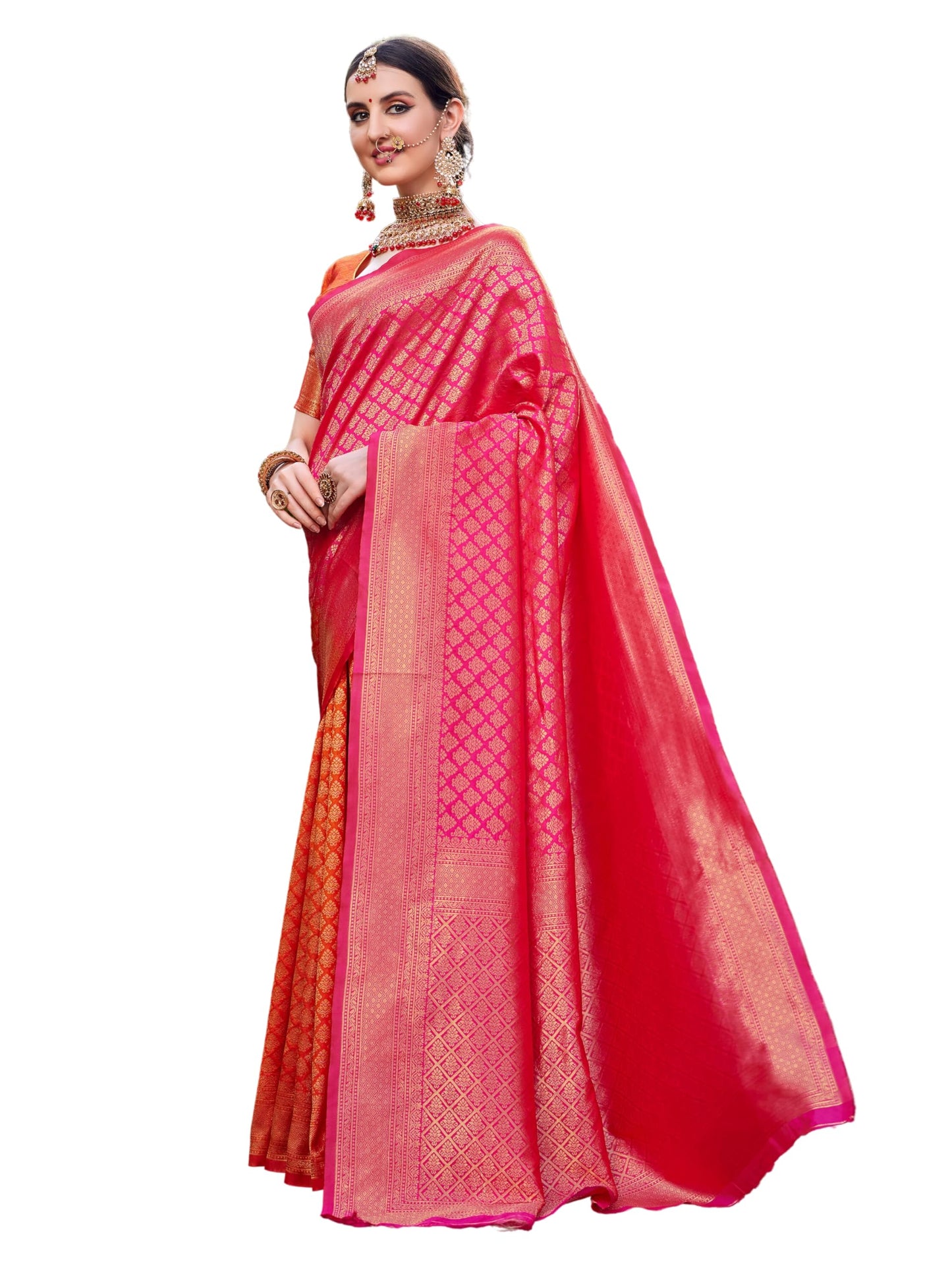 EthnicJunction Women's Kanchipuram Silk Half and Half Woven Saree With Blouse Piece