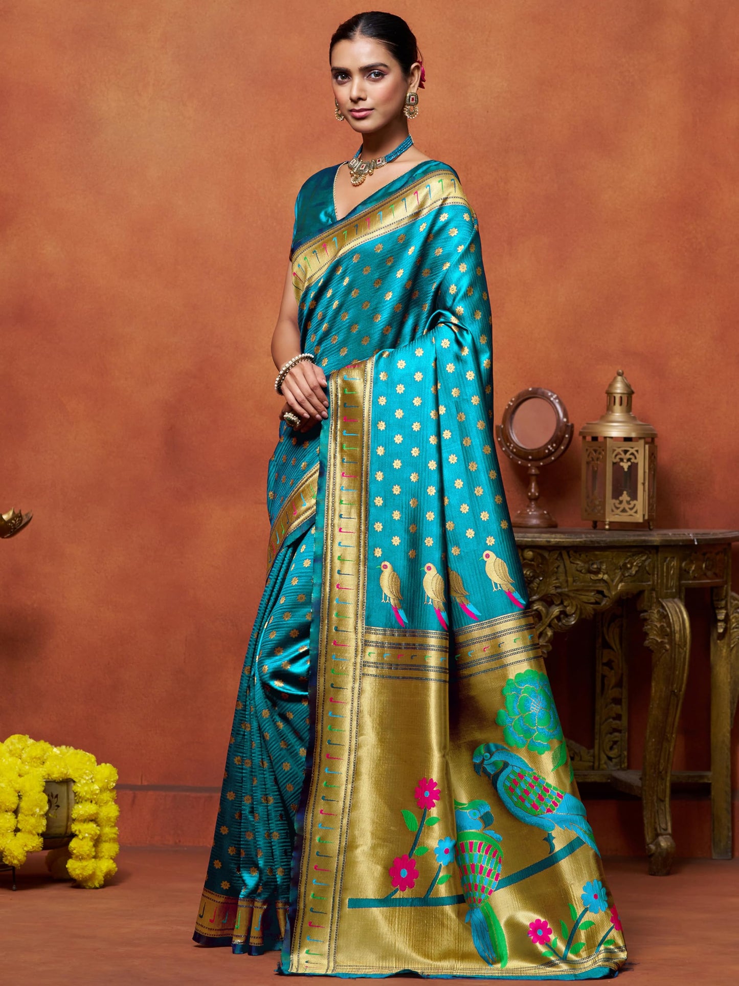 EthnicJunction Women's Silk Blend Woven Paithani saree With Blouse Piece