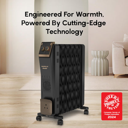 Havells 11 Fin Hestio Straight Fin OFR (Oil Filled Radiator)|Room Heater|2900 W|3 Heat Settings & PTC Fan Heater|Inclined Control Panel|Retractable Wheels| Comfortable Breathing|360° Heating (Black)