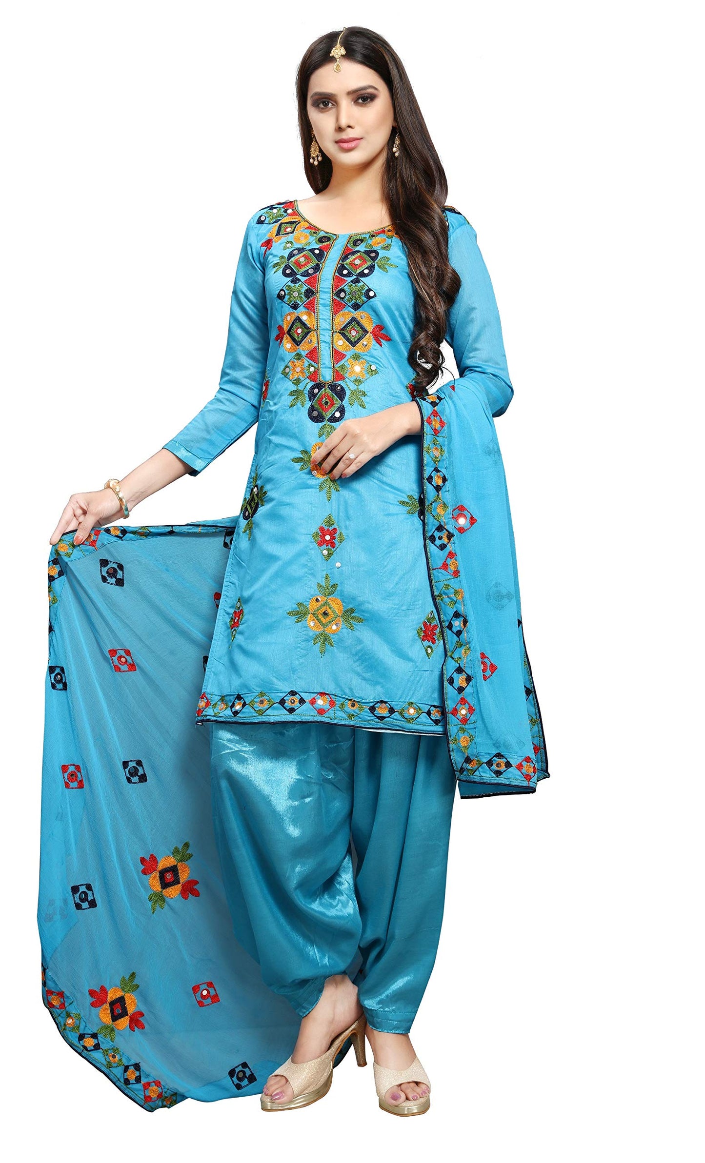 EthnicJunction Women's Chanderi Cotton Embroidered And Mirror Work Unstitched Salwar Suit Material