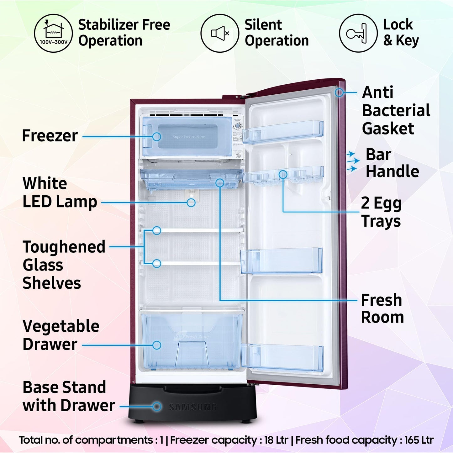 Samsung 183 L, 4 Star, Digital Inverter, Direct-Cool Single Door Refrigerator (RR20C1824CR/HL, Red, Camellia Purple, Base Stand Drawer, 2024 Model)