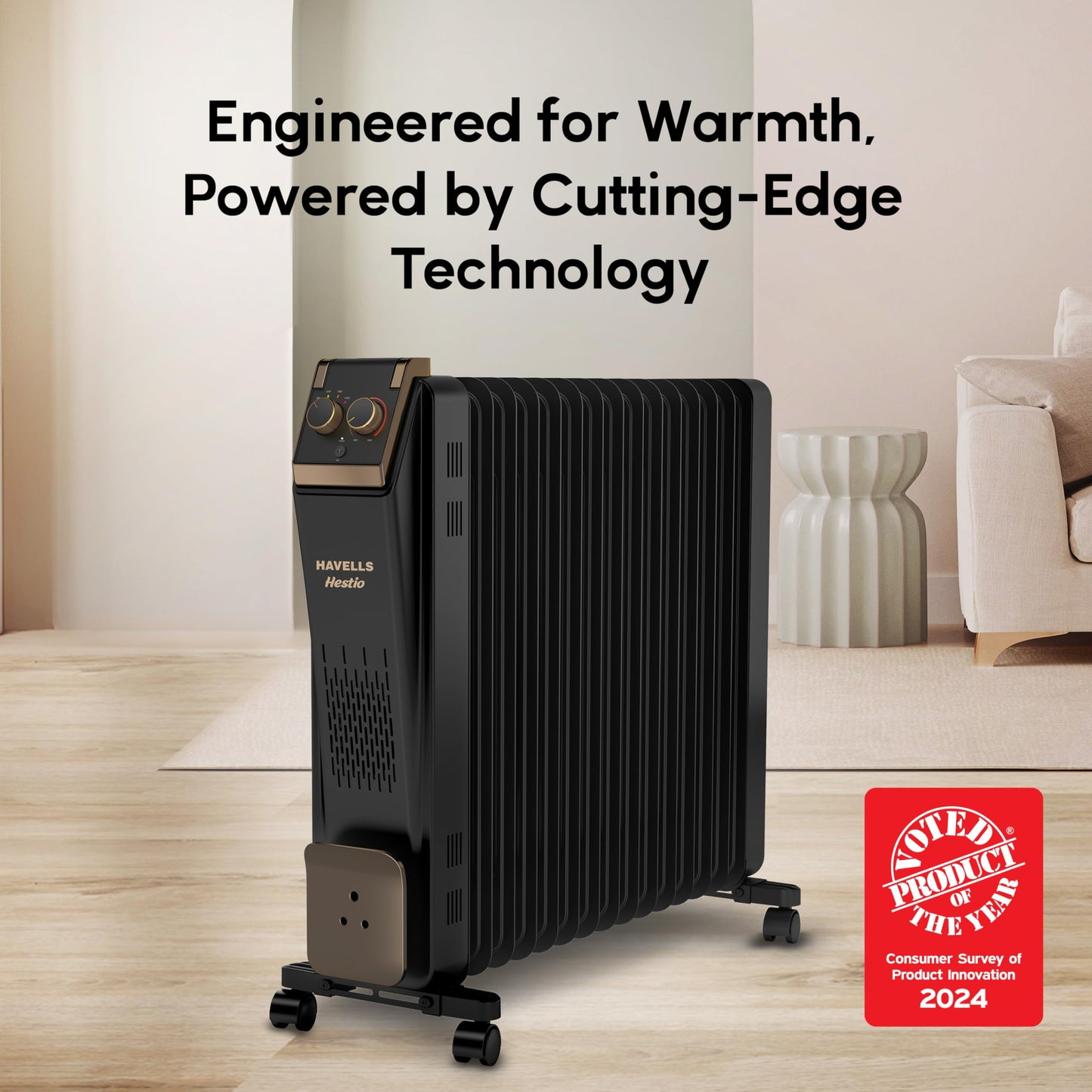 Havells Hestio 15 Straight Fin OFR (Oil Filled Radiator)|Room Heater|2900 W|3 Heat Settings & PTC Fan Heater|Inclined Control Panel|Retractable Wheels| Comfortable Breathing|360° Heating (Black)