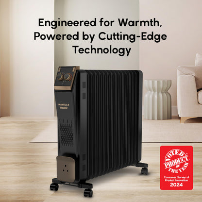 Havells Hestio 15 Straight Fin OFR (Oil Filled Radiator)|Room Heater|2900 W|3 Heat Settings & PTC Fan Heater|Inclined Control Panel|Retractable Wheels| Comfortable Breathing|360° Heating (Black)