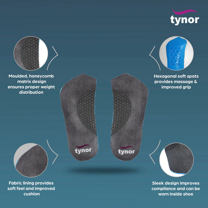 Tynor Medial Arch Orthosis, for Flat Feet | Arch Support for Pain Relief & Foot Alignment | Orthopedic Shoe Inserts for Men & Women | Comfortable & Durable Insoles, Pack of 2 (Grey, Large)