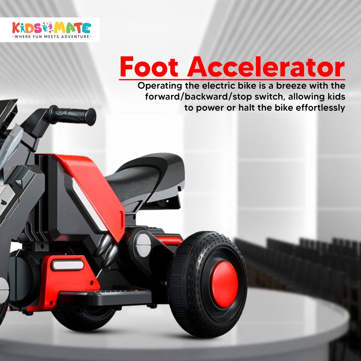 Kidsmate Hyrider 6V Electric Kids Bike with Rechargeable 6.5 Ah Battery Inbuilt Imported Motor Drive | Music Player, Front LED Light & Foot Accelerator Pedal Bike for Ages 1-4 Years - Red