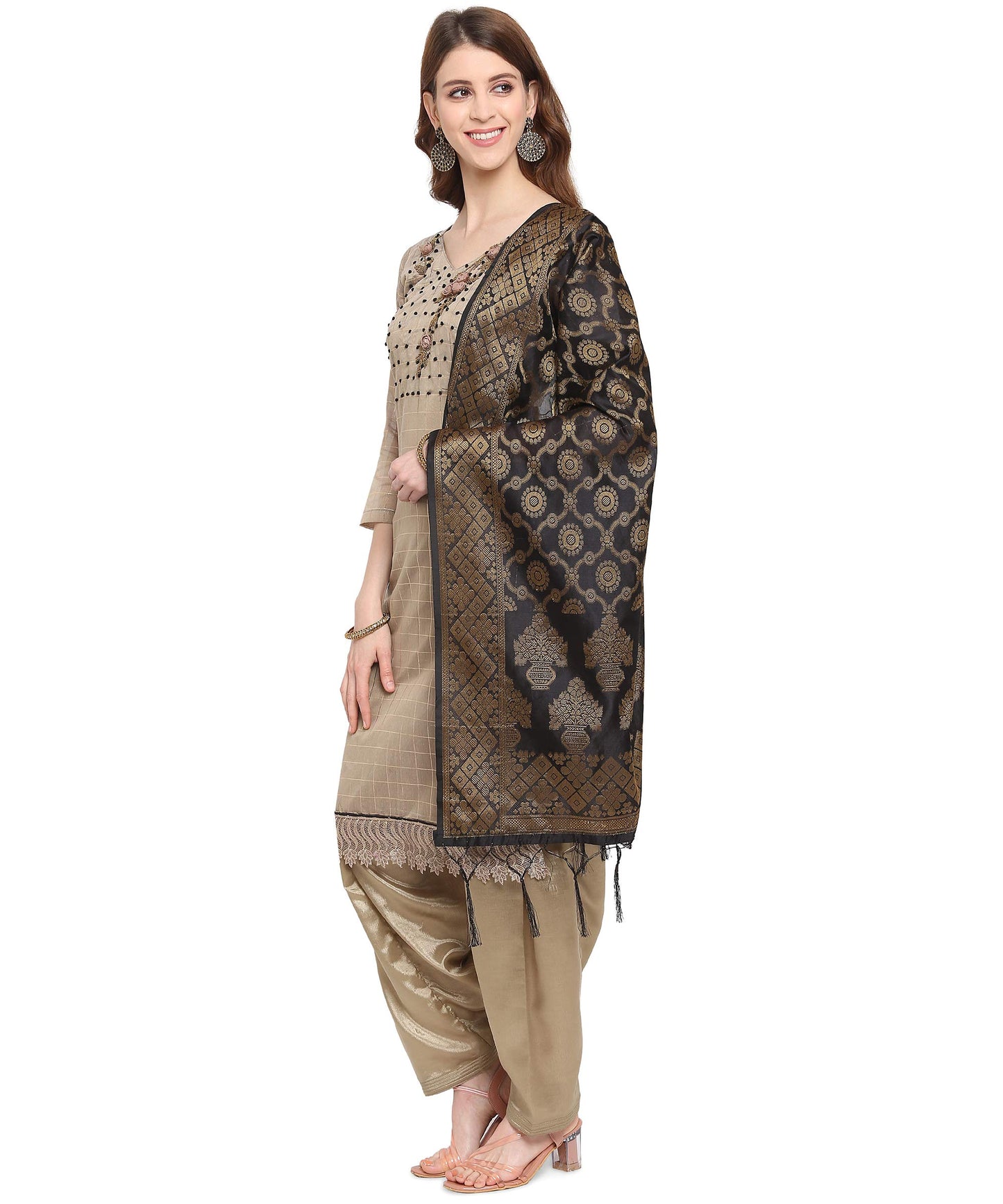 EthnicJunction Women's Chanderi Cotton Hand Embroidered Work Unstitched Salwar Suit Material With Banarasi Dupatta