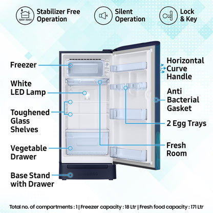 Samsung 183 L, 5 Star, Digital Inverter, Direct-Cool Single Door Refrigerator (RR20D2825HV/NL, Himalaya Poppy Blue, Base Stand Drawer, 2024 Model)