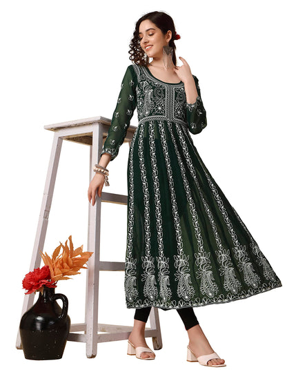 EthnicJunction Women's Lucknowi Chikankari Embroidered Thread Work Georgette Anarkali Kurta