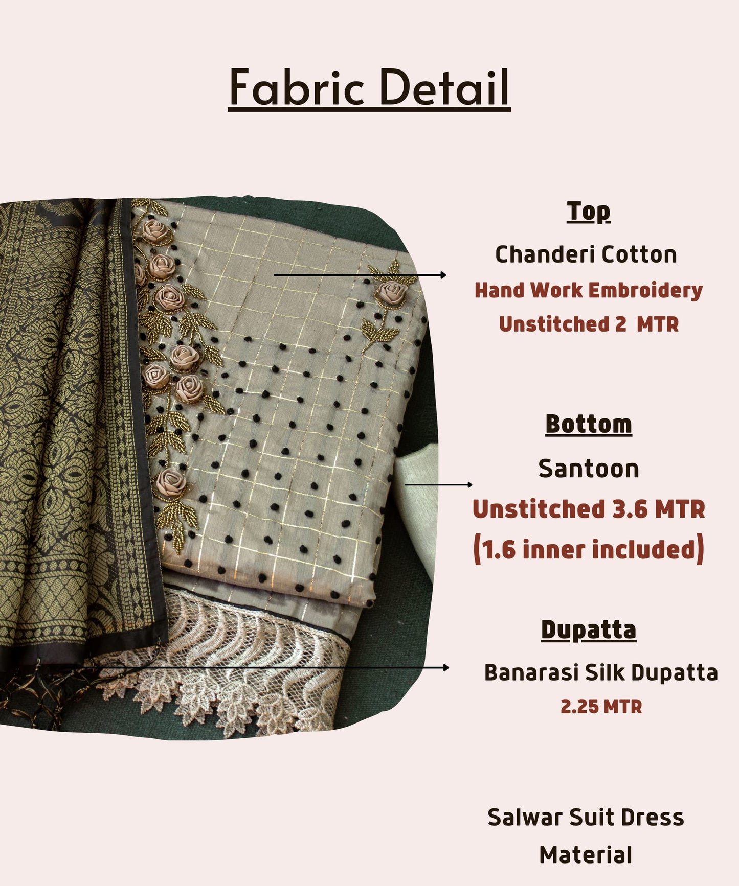 EthnicJunction Women's Chanderi Cotton Hand Embroidered Work Unstitched Salwar Suit Material With Banarasi Dupatta