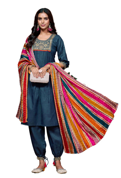 EthnicJunction Women's Cotton Blend Embroidery Kurta Salwar with Multicolor Dupatta