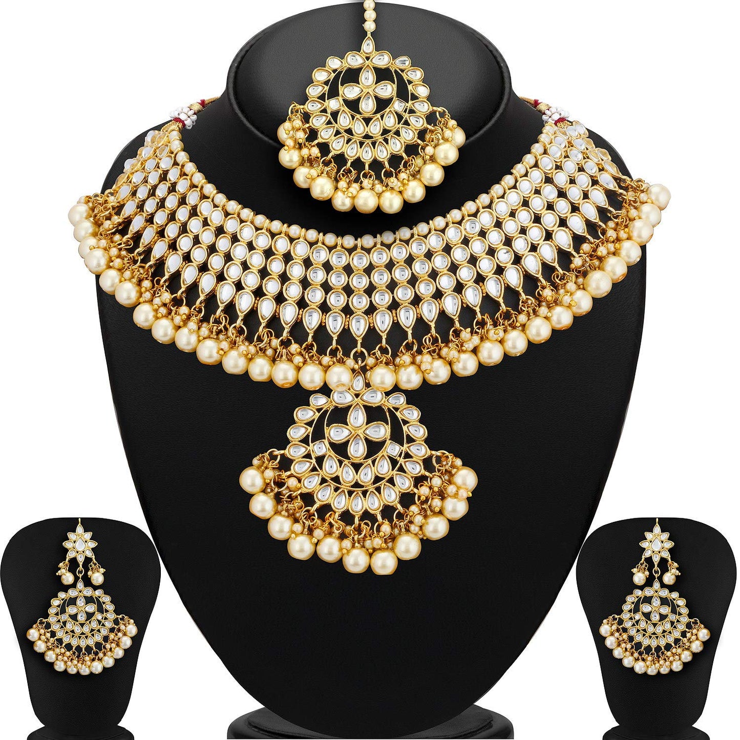 Sukkhi Trendy Kundan Gold Plated Pearl Choker Necklace Set with Dangler Earrings & Maangtikka for Women & Girls (N73544)